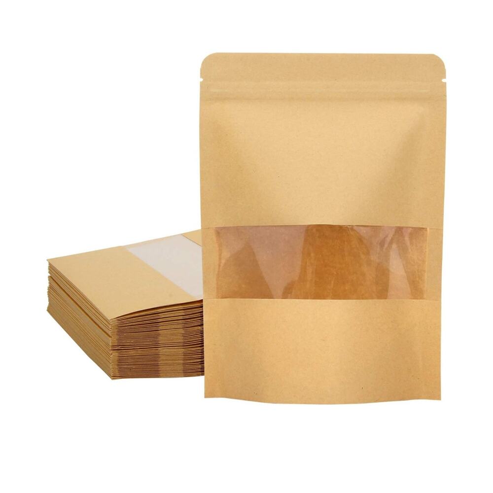 50 Pack Kraft Stand Up Zip Lock Pouch Bags, Resealable Transparent Window 6x8.6”